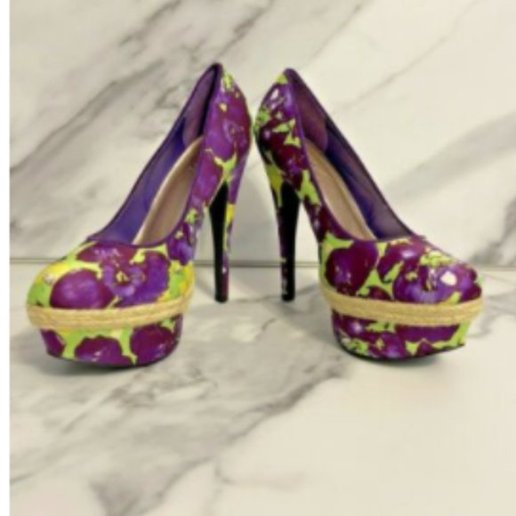 Purple & Green Floral Almond Toe Stiletto Platform - Picture 3 of 8